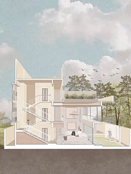 A sectional illustration of the Akiri Residence. This type of drawing is a storytelling tool, showing how the different levels of the home interact and connect to the outdoor environment.