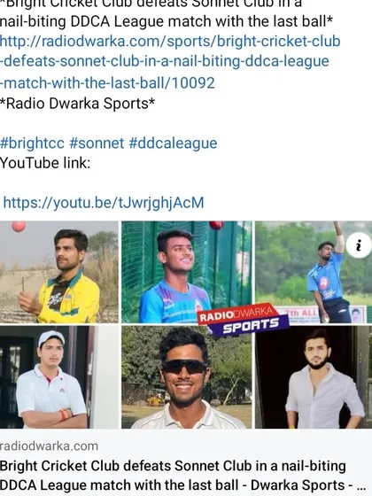 Media coverage from Radio Dwarka Sports celebrating our nail-biting, last-ball thriller victory against Sonnet Club in the DDCA premium division.