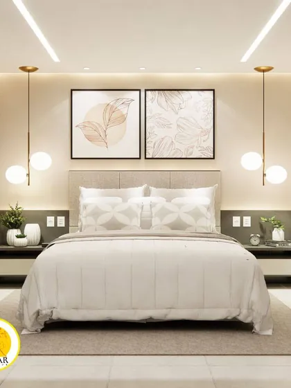 A perfectly centered shot of the bed, showcasing the calm and balanced design of this modern bedroom.