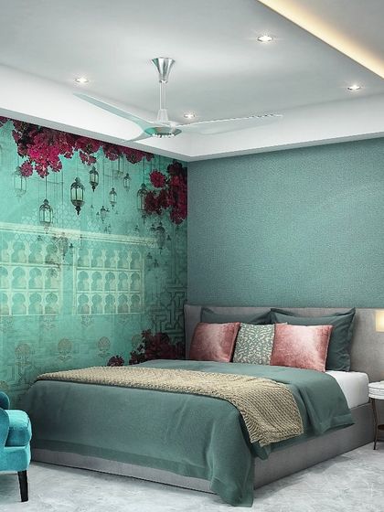 This bedroom render shows a bold, tropical design concept. The turquoise wall with vibrant bougainvillea flowers creates a dramatic and immersive atmosphere, perfect for someone who loves color.