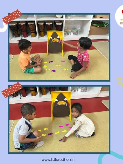 Another look at the "Feed the Shark" activity. It's a fun, splashy game that combines learning with physical activity, and the kids absolutely love it.