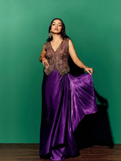 For this second look for Myntra, I paired a heavily embroidered vest with a draped satin skirt in a rich purple. This full-length shot showcases the modern-ethnic fusion concept of the collection.