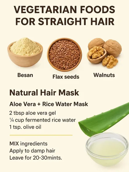 This guide shows how foods like besan, flax seeds, and walnuts can support straight hair health. You will also learn to prepare effective DIY remedies like this aloe vera and fermented rice water mask, a popular treatment for strength and smoothness.