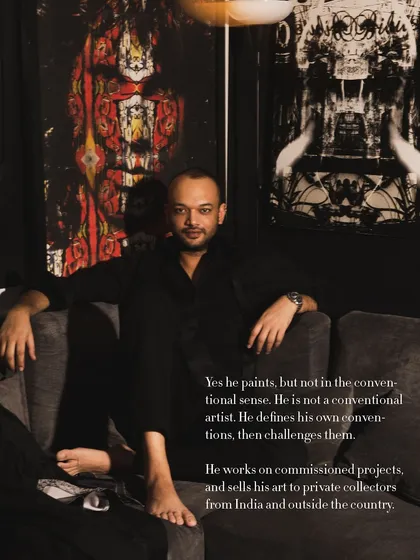 An environmental portrait of artist Pushkar Thakur, with text overlay describing his unique approach to his work.