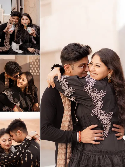 A collage of candid, happy moments. These images are all about capturing the fun and affectionate side of the couple's relationship during their Dubai adventure.