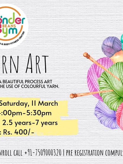 Announcing a "Yarn Art" workshop, focusing on process art with colorful yarn.