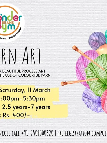 Announcing a "Yarn Art" workshop, focusing on process art with colorful yarn.