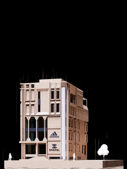 This is a physical model of our upcoming mixed-use commercial project in Hennur. The design features a dynamic, experimental facade that plays with geometric forms and voids, intended to become a landmark that stands out from the typical glass boxes.