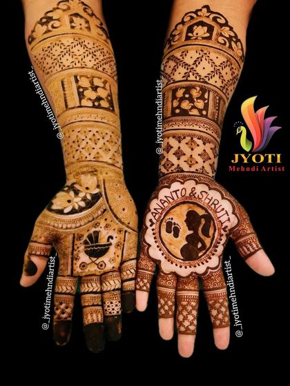 A beautiful example of a personalized baby shower design, featuring the names of the parents, Ananto and Shruti, along with a silhouette of the couple and a baby carriage motif.