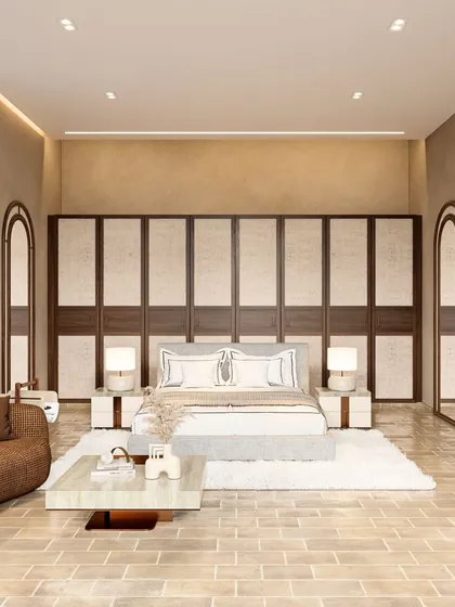 This view of the Siroi Lily bedroom showcases the custom wardrobe and the use of arches to create a soft, recurring motif. The design is a harmonious blend of form, texture, and a calming color scheme.