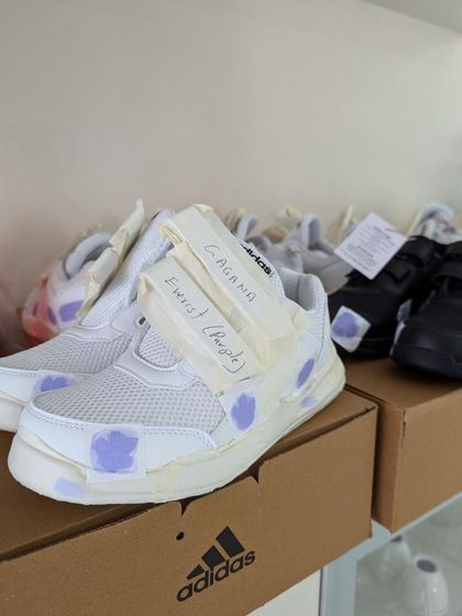 Part of the prep work for the 70-pair Paw Patrol order. Each shoe had to be prepped and masked before painting.