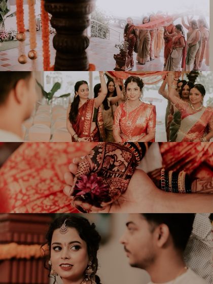 This photo story captures multiple moments from a single wedding. You can see the bride's entrance, the kanyadaan ritual, and the couple's first look, telling a small story of their traditional ceremony.