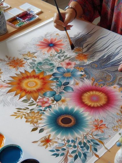 Learn the delicate art of silk painting in our specialized classes. We cover how to manage colors on silk fabric to create these flowing, vibrant floral designs for scarves or wall hangings.