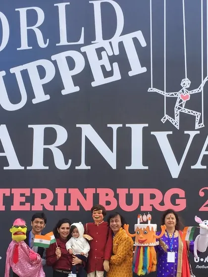 Our family representing India at the World Puppet Carnival in Yekaterinburg, Russia, in 2018. We are committed to showcasing Indian puppetry on the world stage.