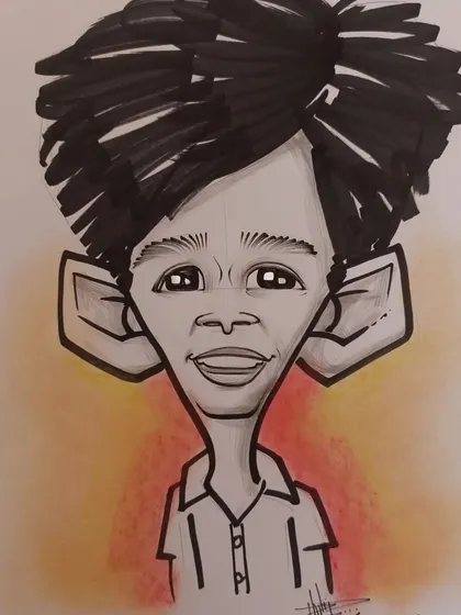 A colorful caricature of a young boy. Adding a splash of color in the background makes the black and white lines pop.