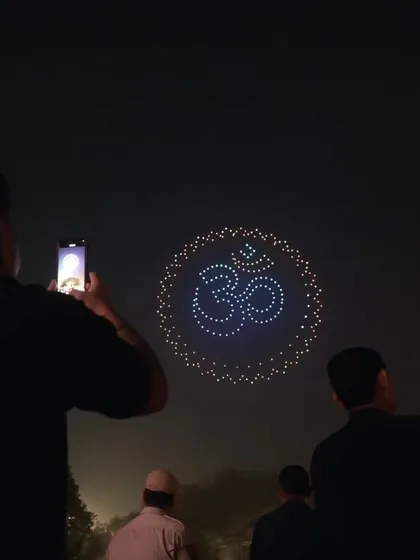 The sacred 'Om' symbol glows in the night sky during our Dilli Deepotsav drone show. This formation brought a moment of spiritual connection to the grand celebration.