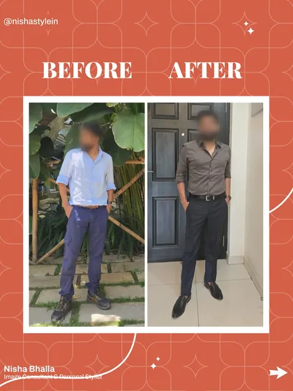 Another client's style evolution. By swapping casual, ill-fitting clothes for a tailored shirt and dark trousers, we created a sharper, more confident image suitable for any professional setting.