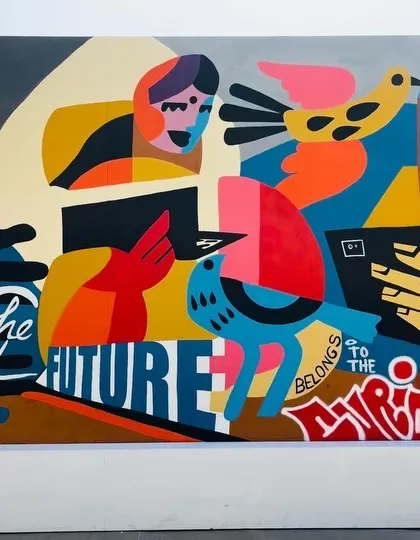 This large 15x10 ft canvas was created for Manipal University in Jaipur. The abstract design, filled with typography and characters, was made to inspire students with the message that the future belongs to the curious.