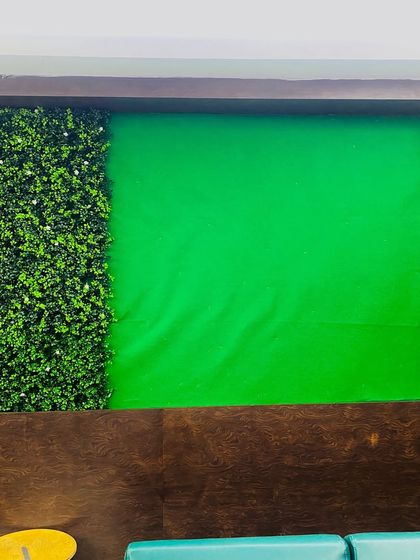 This is where we started. The image shows the wall with a green screen, which we replaced with our beautiful, maintenance-free artificial vertical garden to achieve the final look.