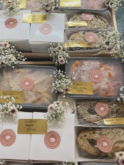 A Father's Day meal package, beautifully packed and decorated with baby's breath. This order included my Rigatoni alla Vodka, Parmesan Truffle Fries, and Focaccia Sandwiches.