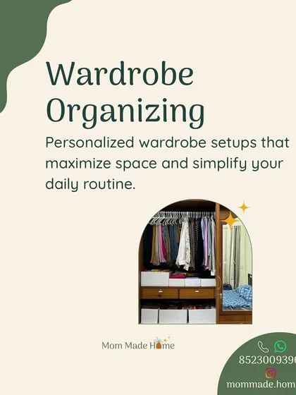 This graphic highlights my wardrobe organizing service. We create personalized setups that maximize space and simplify your daily routine, just like we did for our many happy clients.