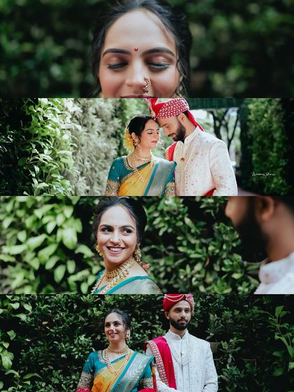 A cinematic-style collage of the couple in an outdoor setting. The lush green background contrasts beautifully with their traditional wedding attire, creating a series of romantic and timeless portraits.
