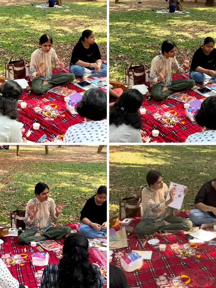 Here I am explaining the dotting technique during the workshop. I keep the atmosphere relaxed and supportive, so everyone feels comfortable to ask questions and experiment.