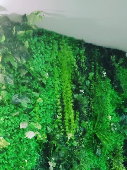 A close-up view of a lush green wall with hanging vines. The different layers of foliage create depth and a very natural, overgrown appearance.