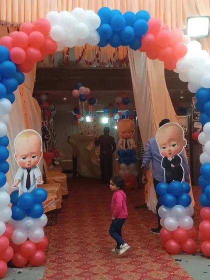 A clear shot of the Boss Baby entrance arch, perfect for outdoor or large venue parties. The bright colors and familiar characters create an exciting welcome for all the kids.