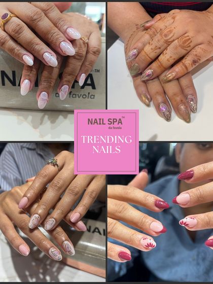 A collage of trending nail designs. This image displays four different popular looks, including marble, floral, and geometric patterns, showing the wide range of custom art I offer.