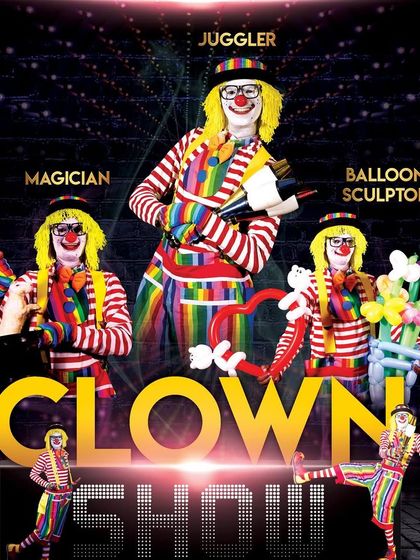 We offer a complete clown show experience. This graphic highlights our clown's multiple talents as a magician, juggler, and balloon sculptor, making him the ultimate party entertainer.