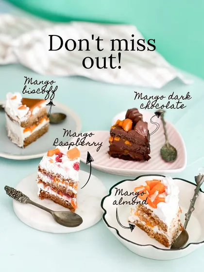 When mango season arrives, our kitchen is filled with sunshine. Here are a few of our seasonal favorites: Mango Biscoff, Mango Dark Chocolate, Mango Raspberry, and Mango Almond. All are eggless and can be made vegan or gluten-free.