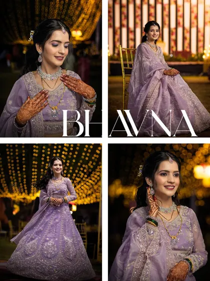 A collection of portraits of the bride Bhavna in her lovely lavender lehenga, captured under festive night lighting.