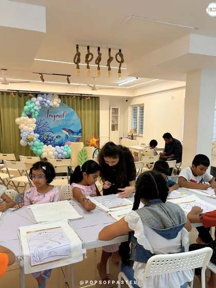 The art activity in full swing! Kids engrossed in their creations during a themed birthday party at our creative workshop space in Bangalore.