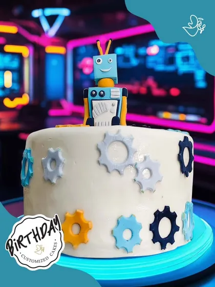 A futuristic robot-themed cake. This fun design features a friendly robot and colorful gears, perfect for a little one who loves science and technology.