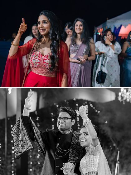 A collage capturing the energy of a sangeet night in Udaipur, from the couple's dance to the guests' reactions.