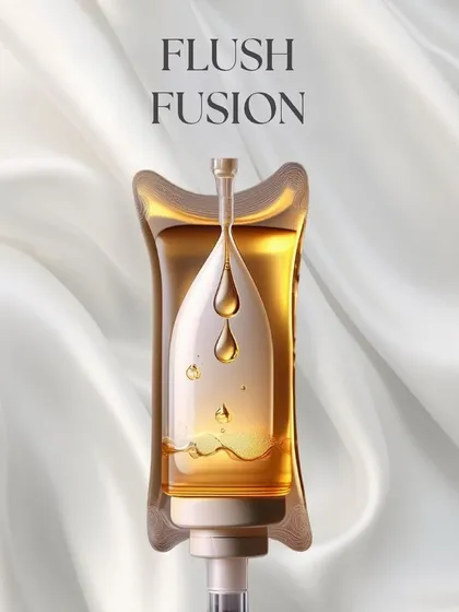 This image represents the core of our Flush Fusion therapy. The golden liquid is a carefully formulated cocktail of vitamins and antioxidants designed to purify your system and restore your body's natural balance and vitality.