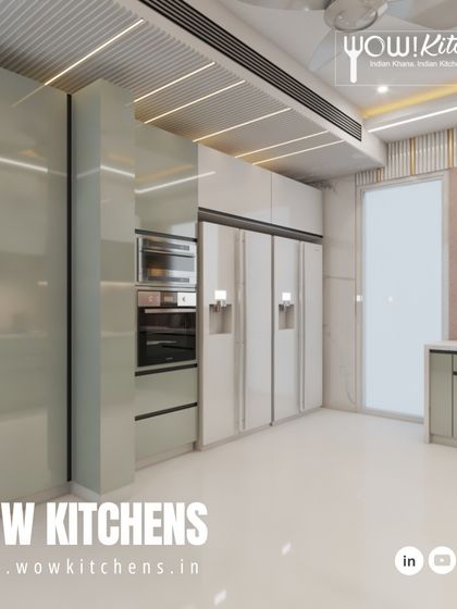 This perspective shows the tall units for the refrigerator and ovens, demonstrating how we maximize vertical space for a fully integrated and functional kitchen.