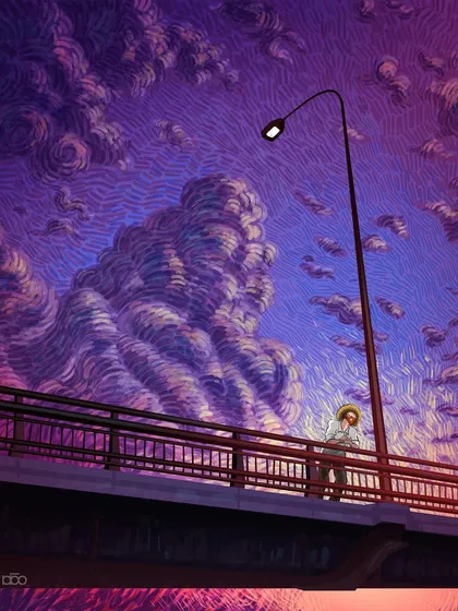 Standing on a bridge at dusk, the artist looks out at a sky filled with dramatic, swirling purple clouds. The bridge symbolizes a point of transition, a moment to pause and reflect on the journey between where you've been and where you're going.