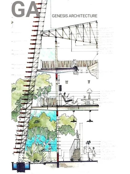 A conceptual sketch, "The Green Louvre," exploring how a building can be a framework for nature. This is where my process begins, with a hand-drawn idea that puts the relationship between people, structure, and the environment at the forefront.