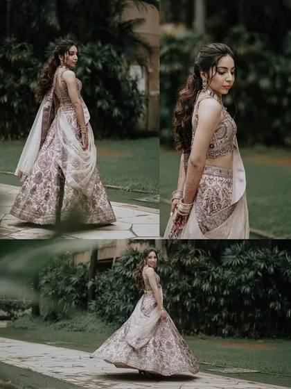 A collage showcasing the bride-to-be's stunning engagement lehenga from different angles. This is perfect for highlighting the beauty and detail of a pre-wedding outfit.