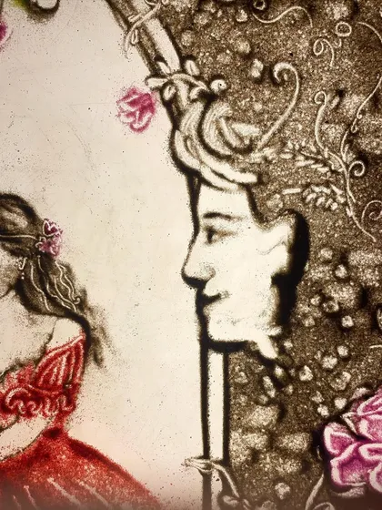 A close-up of a romantic scene, showing a couple's reflection in a mirror. This demonstrates how we can play with concepts like reflections and perspectives to tell a more complex story.