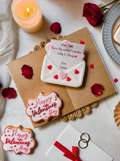 A close-up of my "love letter" cookie, which can be personalized with a tiny, edible note inside. It's one of my most unique and heartfelt offerings for Valentine's Day.