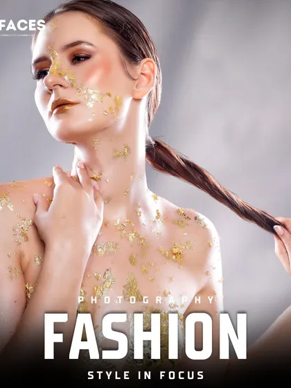 This shot showcases the model from a different angle, highlighting the play of light on the gold foil. It demonstrates our skill in using lighting to create texture and drama in a beauty shoot.