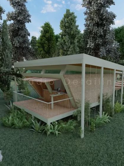 A conceptual design for a structure in Latvia, featuring a series of modular, angled pods under a long, linear roof. This exploration in form is designed to integrate with the surrounding forest environment.