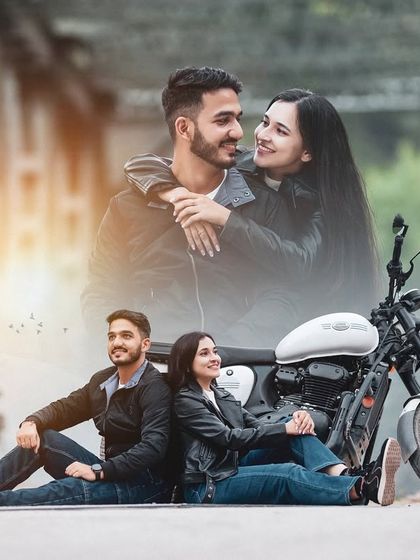 Another example of a creative composite, blending a romantic close-up with a candid shot of the couple sitting by their bike.