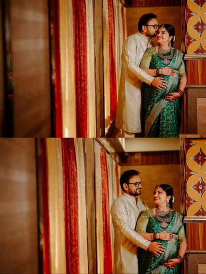 More portraits of the happy couple during their traditional baby shower, showcasing their elegant ethnic wear and the warm, festive lighting of the event.