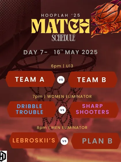 The match schedule for Day 7 of Hooplah '25, featuring the U-13 game and the Men's and Women's Eliminator matches.