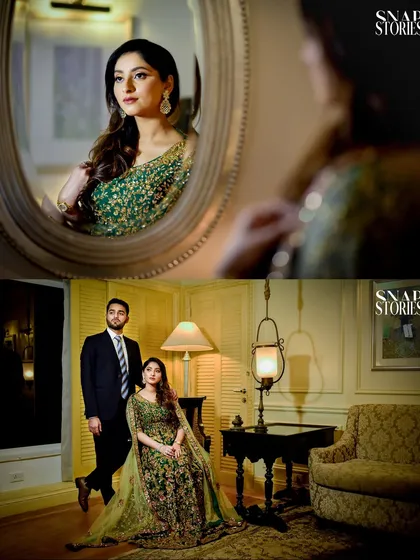 A collage showing a reflective portrait of the bride in a mirror and a posed shot of the couple in a lavishly decorated room, telling a story of elegance and anticipation.