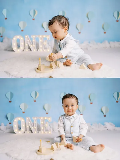 A collage of a hot-air-balloon-themed first birthday shoot, showing the little boy playing with his wooden cake and looking adorable.